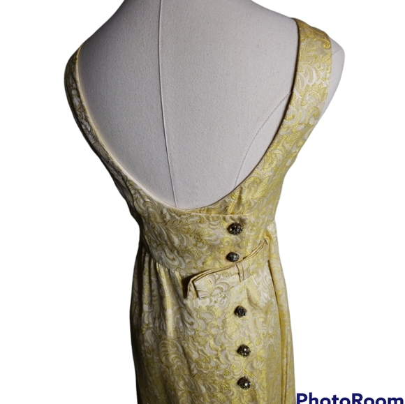 Vintage 60's Gold Jacquard Maxi Wrap Back Rheinstone Bow Pockets Evening Gown - Picture 3 of 12